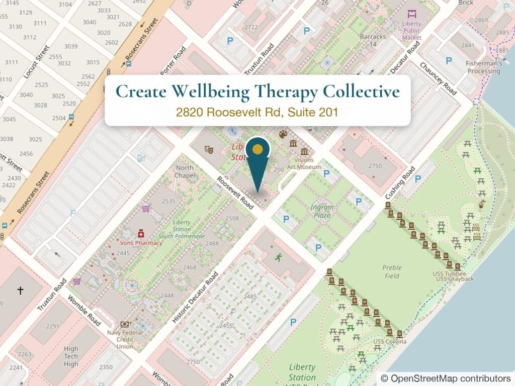Map showing Create Wellbeing Therapy Collective at 2820 Roosevelt Rd, Suite 201, Liberty Station, San Diego. Opens in Google Maps.